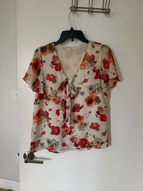 Pleione Floral Tie-Neck Blouse in Red, Orange & Cream